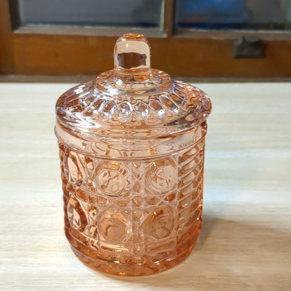 Pink Vintage Indiana Glass Marmalade Jar with Golden Spoon